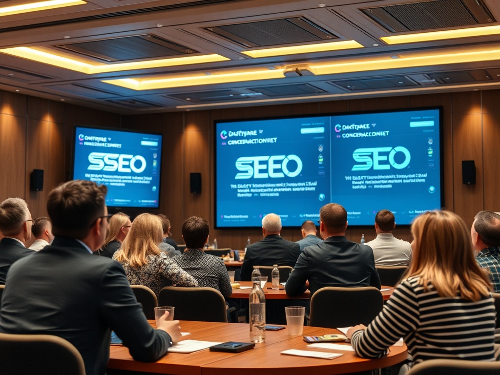 На конференции по SEO участники слушают презентацию на экране. Обсуждение современных трендов в цифровом маркетинге.