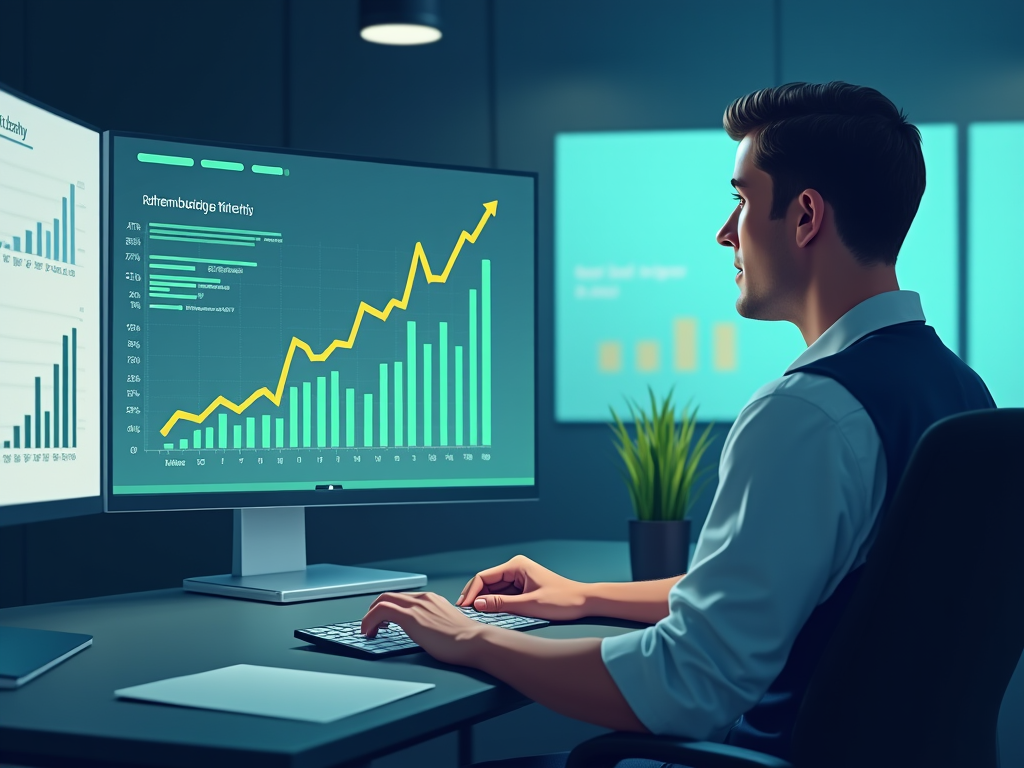 Молодой мужчина работает за компьютером с диаграммами роста на экранах в тёмном офисе.
