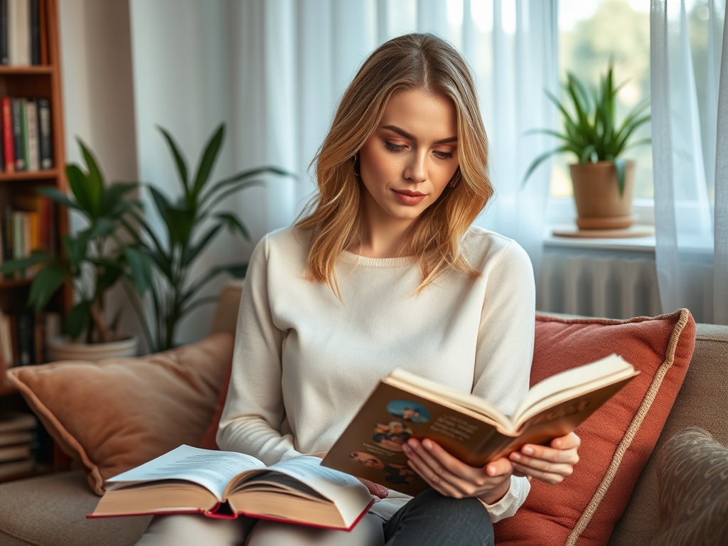 Молодая женщина читает книгу, сидя на диване среди зелёных растений и уютного интерьера.