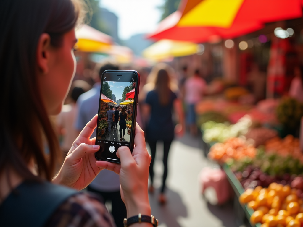 Женщина фотографирует ярмарку на смартфон на улице.