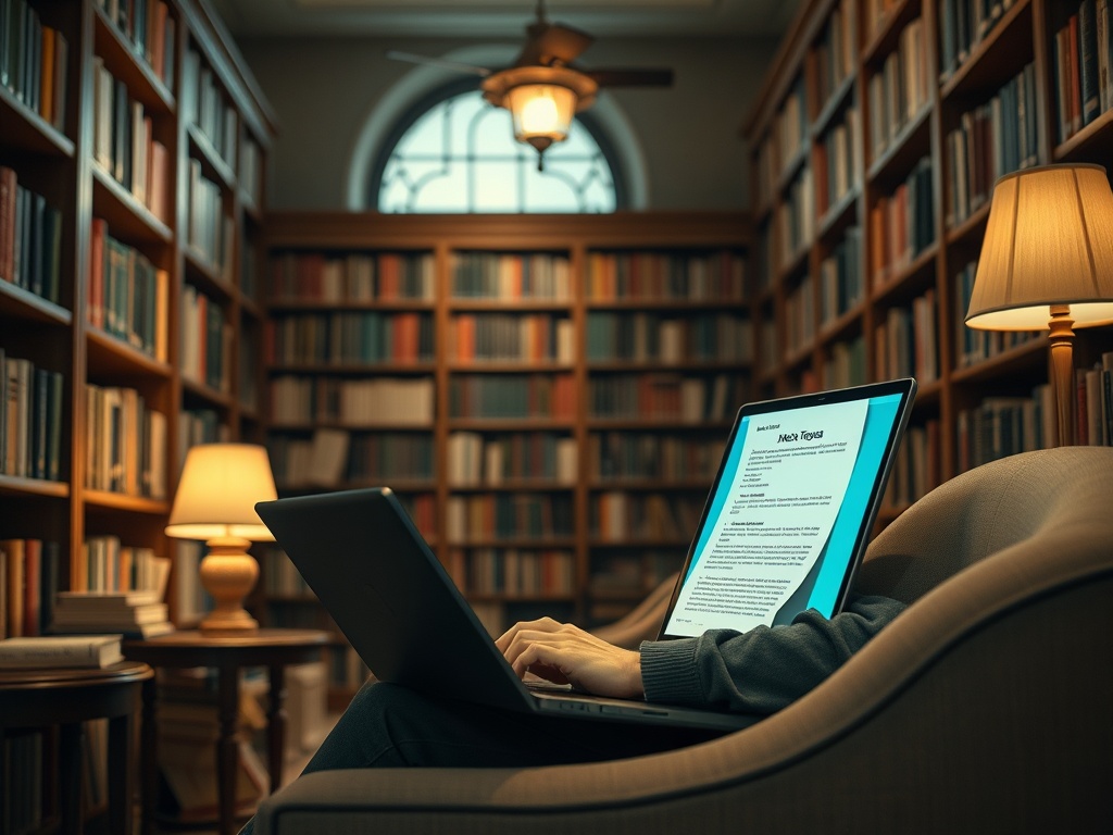 Человек работает на ноутбуке в уютной библиотеке, окружённой книгами и теплым светом лампы.