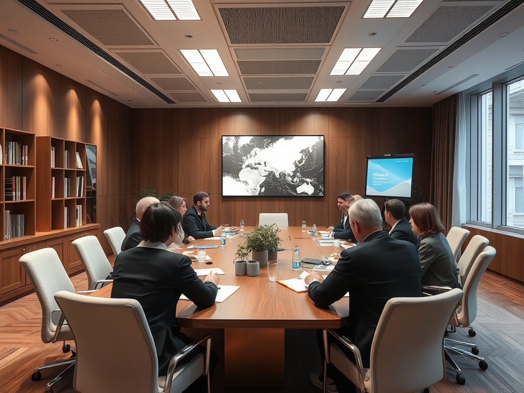 Совещание в современном офисе, участники обсуждают планы, на фоне карта мира и представленный экран.