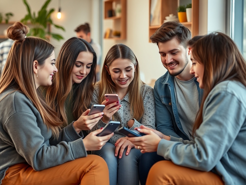 Группа друзей смотрит на экраны своих телефонов, смеясь и общаясь в уютном кафе.