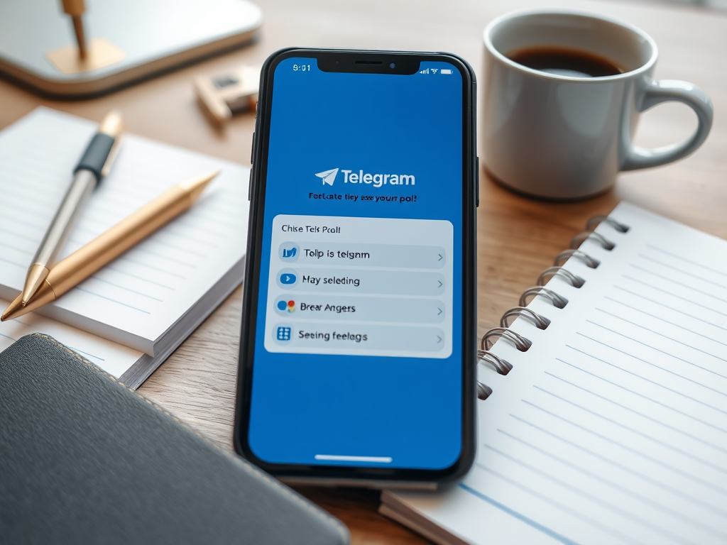 На изображении телефон с открытым приложением Telegram и списком опций на голубом фоне. Рядом блокнот и чашка кофе.