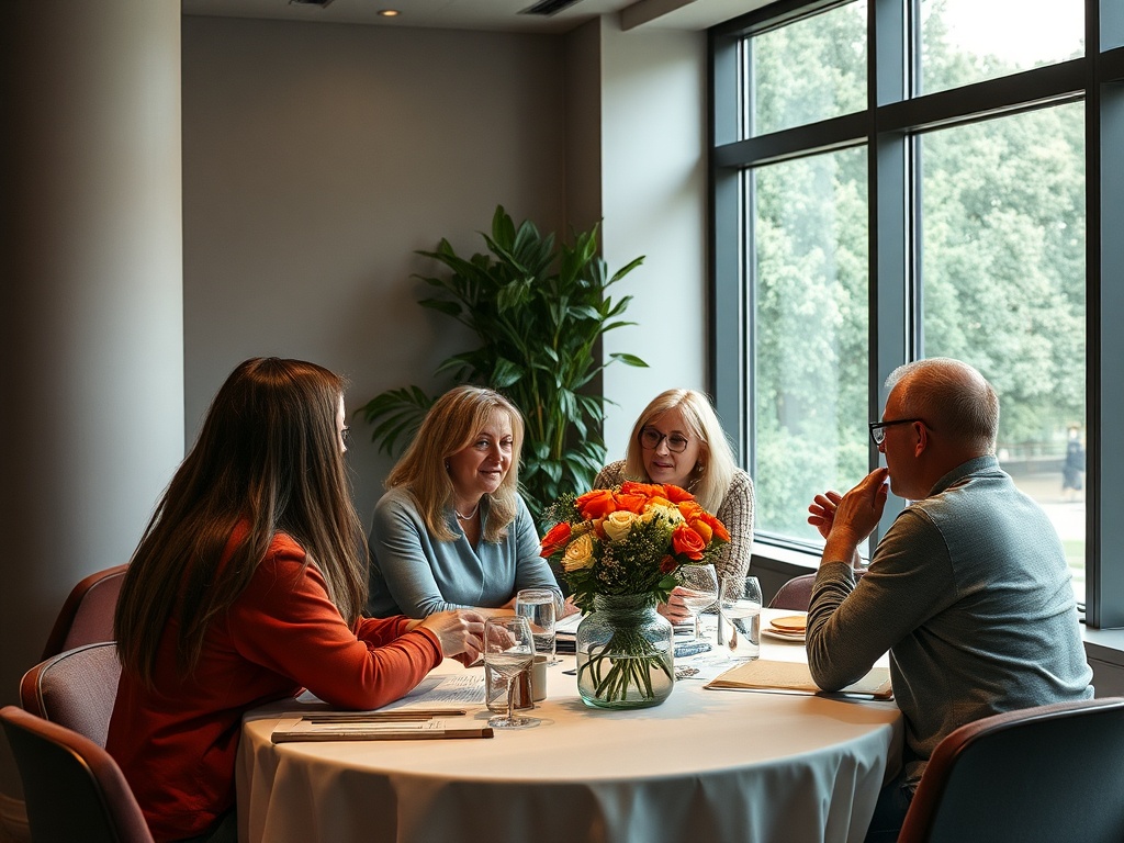 Четыре человека за столом обсуждают что-то, на столе ваза с цветами и стаканы с водой.