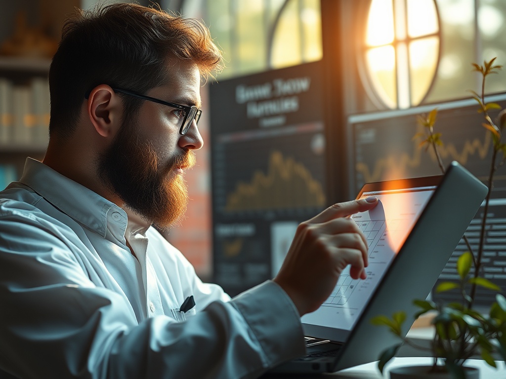 На изображении мужчина с бородой и очками изучает данные на ноутбуке в офисе с графиками на стене.